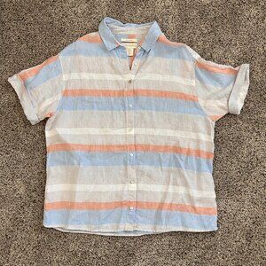 Cynthia Rowley 100% Linen Striped Cuffed Short Sleeve Button Up Shirt Medium